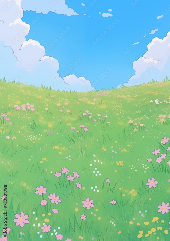 Wall mural Summer Meadow with Flowers . Green grass and colorful flowers natural backdrop. Children's book illustration in cartoon style.