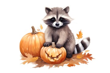 Cute raccoon with pumpkins and autumn leaves, watercolor illustration