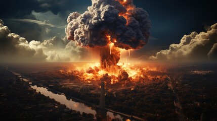 illustration of a nuclear explosion in the middle of the city - obrazy, fototapety, plakaty