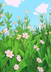 Summer Meadow with Flowers . Green grass and colorful flowers natural backdrop. Children's book illustration in cartoon style.