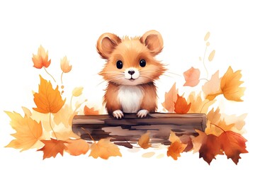 Fototapeta premium Cute hamster sitting on a log with autumn leaves. Watercolor illustration.