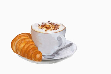 Hot morning coffee with croissant watercolour painting. digital watercolor drawing