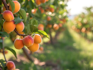 A cluster of ripe apricots on a tree in daylight.