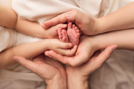Children's feet in the arms of their parents. On a white background.