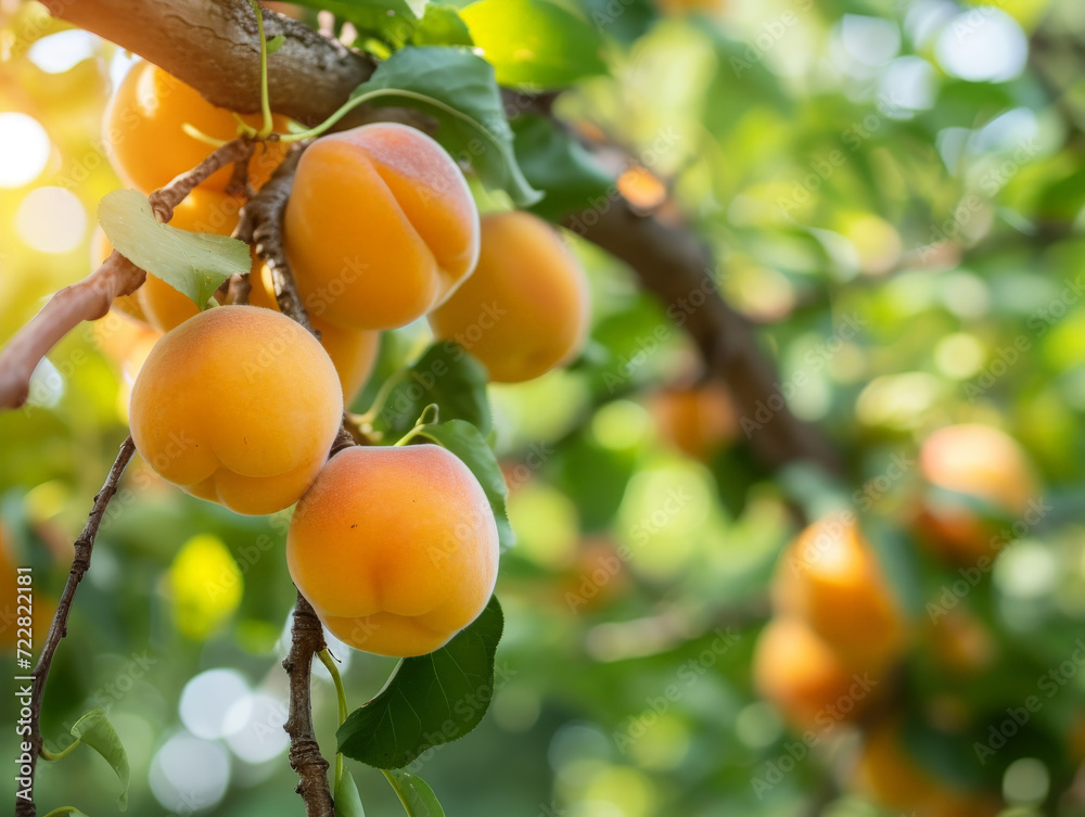 Wall mural Sunlit apricots ready for harvest on tree branches.