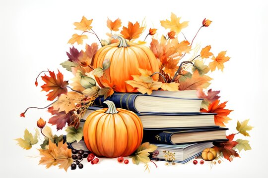 Autumn composition with books, pumpkins and autumn leaves isolated on white background