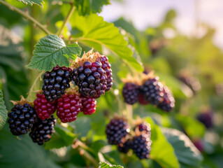 A bunch of ripe and red blackberries growing on a bush in sunlight.