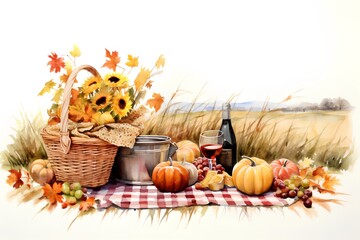Naklejka na ściany i meble Autumn picnic. Basket with food, wine and sunflowers.