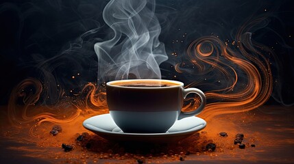 Steaming, aromatic coffee, swirling steam, inviting, rich aroma, enticing, comforting, hot beverage. Generated by AI.