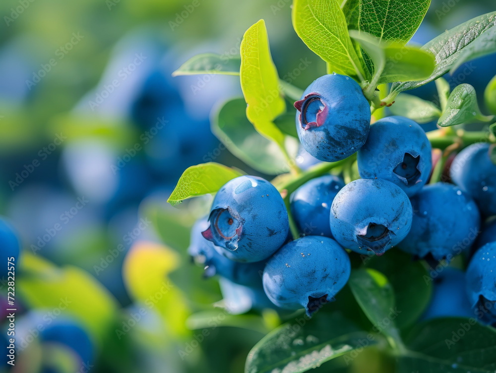 Sticker Fresh blueberries on the bush with a backdrop of green leaves.