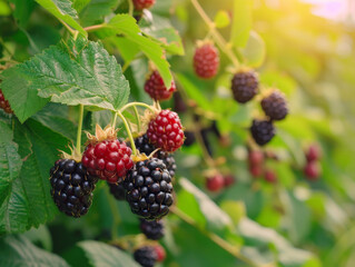 A bunch of blackberries growing on a bush in sunlight.