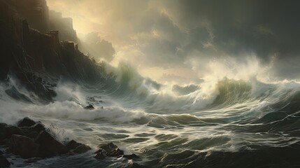 Dramatic sight, turbulent waves, imposing cliffs, crashing, relentless power, grandeur, stormy sea. Generated by AI. - obrazy, fototapety, plakaty
