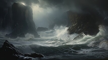 Tempestuous sea, crashing waves, formidable cliffs, raging, raw power, intensity, dramatic display. Generated by AI. - obrazy, fototapety, plakaty