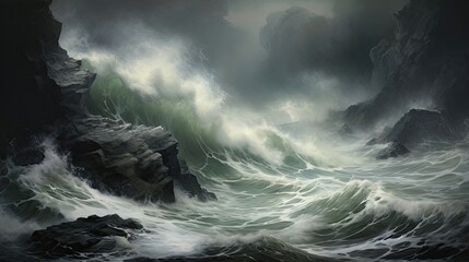 Tumultuous, stormy waves, rugged cliffs, crashing, fierce power, drama, tempestuous sea. Generated by AI. - obrazy, fototapety, plakaty