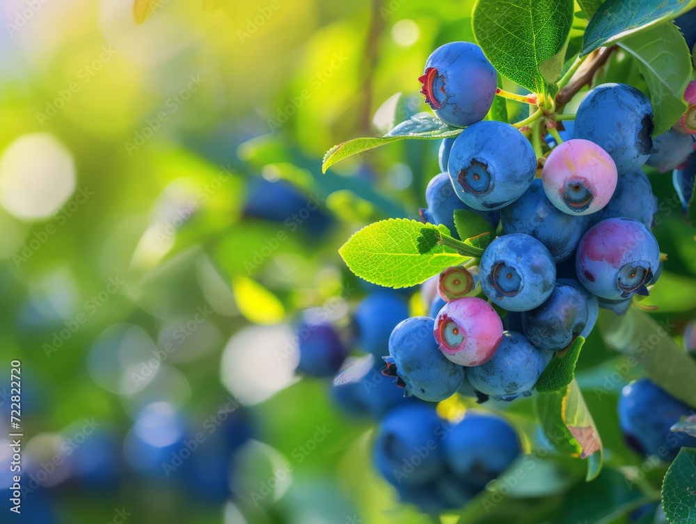 Wall mural Fresh bunch of blueberries on the bush with a backdrop of green leaves.