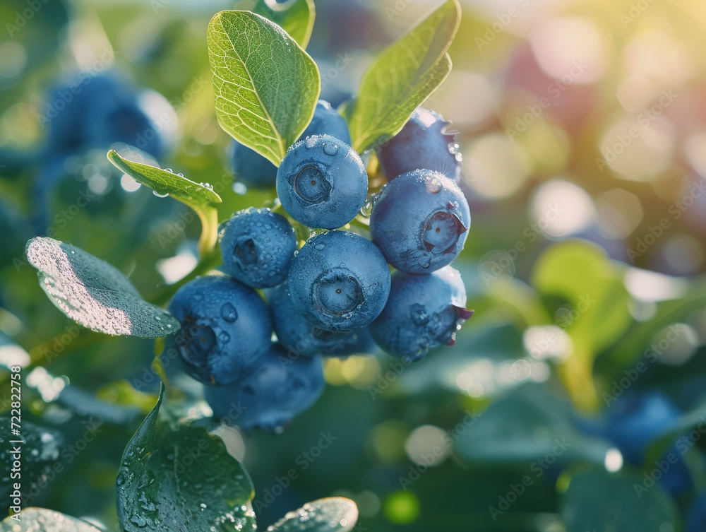 Canvas Prints Fresh bunch of blueberries on the bush with a backdrop of green leaves.