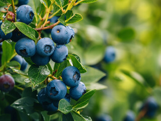 Fresh bunch of blueberries on the bush with a backdrop of green leaves.