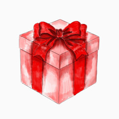 Watercolor gift box with red bow closeup isolated on a white background.Watercolour of gift box elements for special day