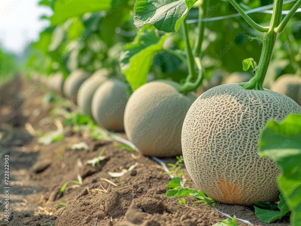 Wall mural Ripe cantaloupes resting on the ground in a farm.