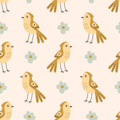 Birds and flowers modern seamless pattern. Cute spring and summer background. Repeat vector illustration for kids, fabric, textile with nature elements in cartoon doodle style