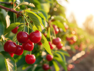 Obraz premium A bunch of red cherries hanging on the tree.