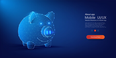 Digitalized piggy bank glows in neon blue, symbolizing modern savings and futuristic finance technology. Futuristic Digital Piggy Bank Concept in Blue Wireframe on Dark Background. Website Landing. - obrazy, fototapety, plakaty