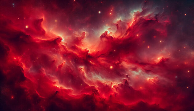 AI generated illustration of a vibrant red nebula adorned with stars against a cosmic backdrop
