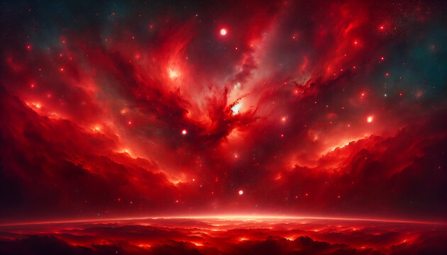 AI generated illustration of a dark background with vibrant red clouds and luminous lights