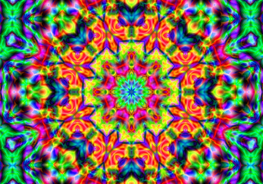 Fascinating kaleidoscope of colors that blend harmoniously, a vibrant show dynamics. Beautiful  colorful bokeh festive lights in kaleidoscope. Mosaic texture. Stained glass effect.