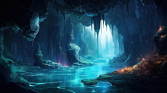 Hidden cavern illuminated by glowing crystals and mysterious underground lakes. Enigmatic allure, radiant gemstones, concealed chambers, subterranean magic. Generated by AI.