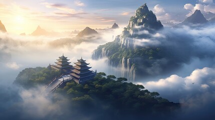 Tranquil temple nestled atop mist-covered mountain peaks, serene atmosphere, spiritual sanctuary, tranquil dawn, peaceful, misty landscape. Generated by AI. - obrazy, fototapety, plakaty