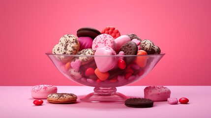 round bowl of pink cookies on a pink background
