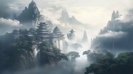 Serene temple perched on mist-covered mountain, tranquil morning mist, spiritual oasis amidst misty peaks, serene mountain sanctuary. Generated by AI. - obrazy, fototapety, plakaty