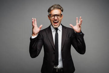 Adult dissatisfied sad successful employee business man corporate lawyer wear classic formal black...