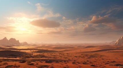 The serene solitude of a solitary desert landscape with its endless sand dunes under the wide, open sky, an untouched panorama of natural beauty and boundless openness. Generated by AI.