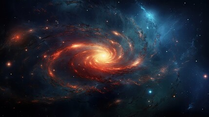 Obraz premium Billions of stars illuminate the cosmic canvas of a mesmerizing spiral galaxy in the vast expanse of deep space, a celestial portrait depicting the beauty and scale of the universe. Generated by AI.
