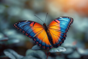 A stunning closeup photograph of a blue and orange butterfly on a leaf with a blurred background