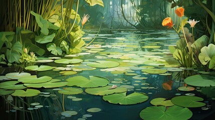 Pond surrounded by reeds and lily pads, where frogs add to the tranquil allure, creating a peaceful haven in nature. Serene pond, reeds, lily pads, frogs, tranquil allure. Generated by AI. - obrazy, fototapety, plakaty