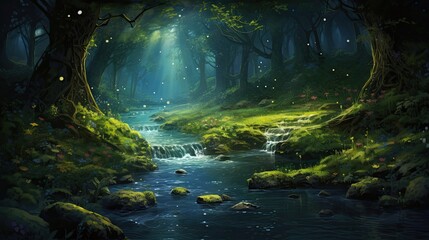 Woodland glade with a bubbling brook and enchanting fireflies, offering a serene environment amidst nature's beauty. Tranquil glade, bubbling brook, enchanting fireflies. Generated by AI. - obrazy, fototapety, plakaty