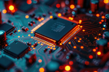 Tech evolution. Photo capturing futuristic semiconductor data circuit abstraction. Generated AI