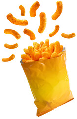Puffed corn snacks cheesy chips fly out of plastic snack bags isolated on white  background, Puff...