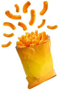 Puffed corn snacks cheesy chips fly out of plastic snack bags isolated on white  background, Puff corn or Corn puffs cheese flavor on white PNG File. 