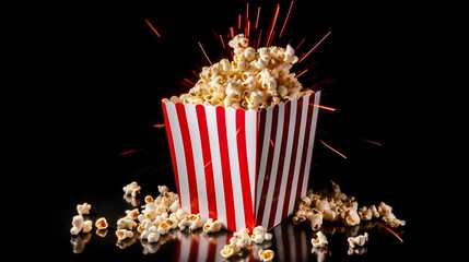 Popcorn in a box on a movie theater black background. Generative AI