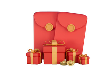 3D rendering red envelopes and gifts illustration
