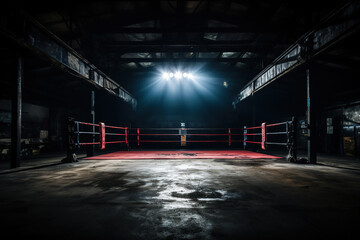 Empty gloomy boxing ring in the rays of spotlights. Generated by artificial intelligence - obrazy, fototapety, plakaty