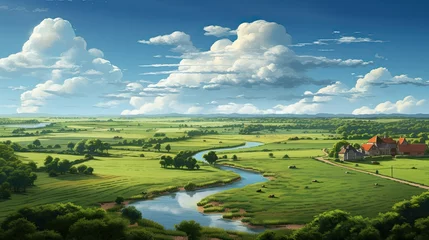Fotobehang River, a serene vista embodying bucolic beauty and the tranquil allure of rural simplicity. Picturesque vista, rolling fields, meandering river, bucolic beauty, rural simplicity. Generated by AI. © Татьяна Лобачова