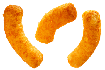 Puffed corn snacks cheesy isolated on white background, Puff corn or Corn puffs cheese flavor on white PNG File. 