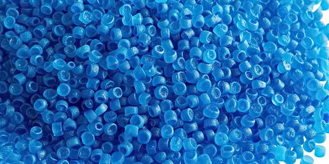  3d blue tiny plastic cylindrical grains , blue plastic polymer pellets,polymer for pipes, Plastic and polymer industry,blue PVC granulate.Microplastic products. - obrazy, fototapety, plakaty