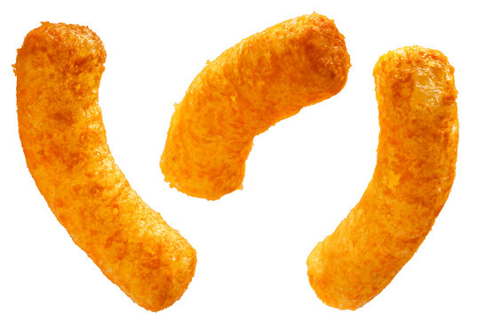 Puffed corn snacks cheesy isolated on white background, Puff corn or Corn puffs cheese flavor on white PNG File. 