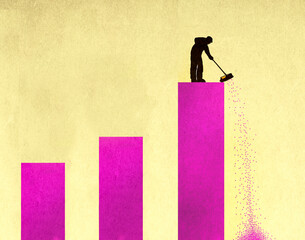 Man sweeping on bar graph against yellow background